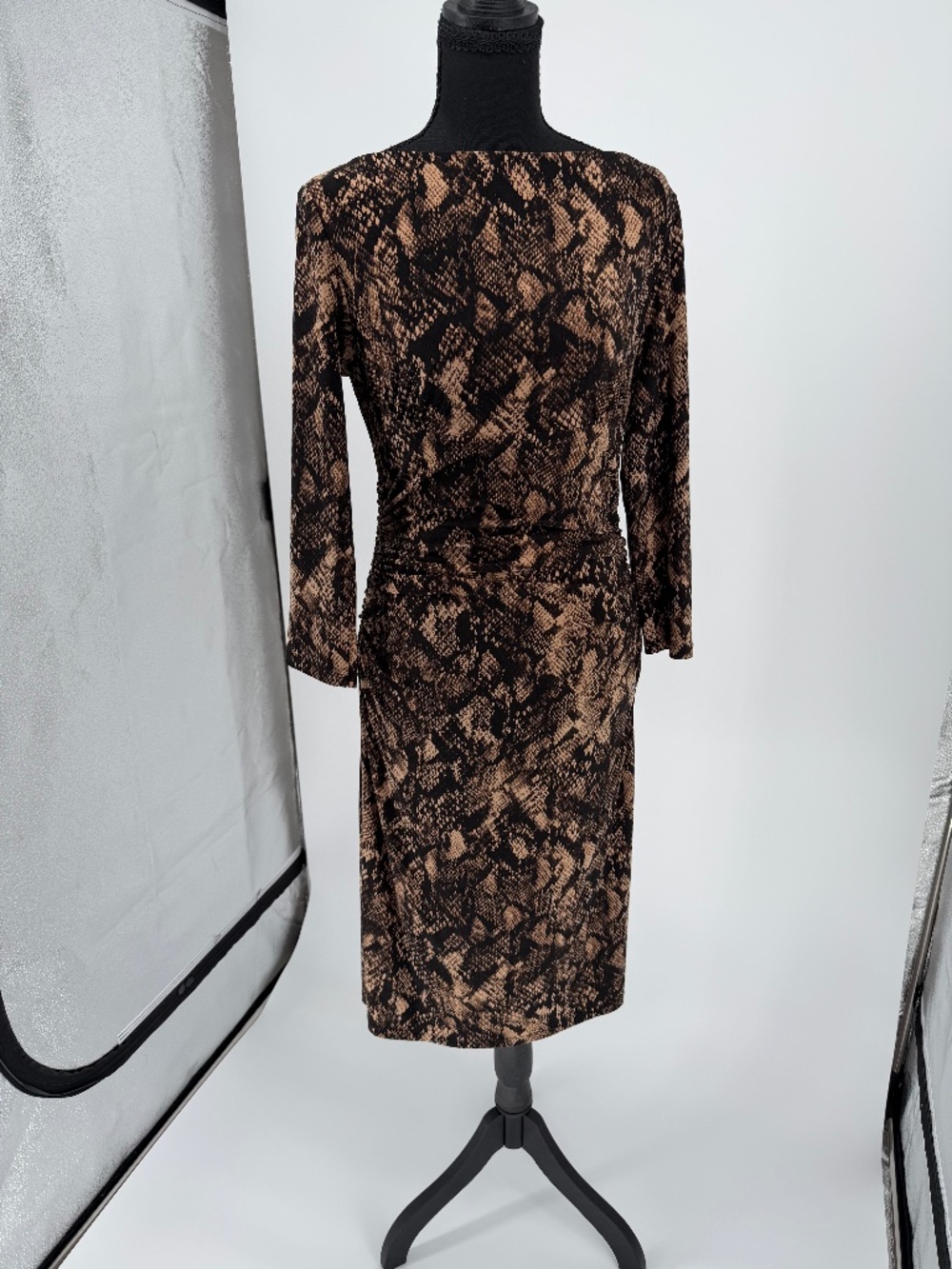 Lauren Ralph Lauren Brown Snakeskin Ruched Long Sleeve Sheath Dress 8